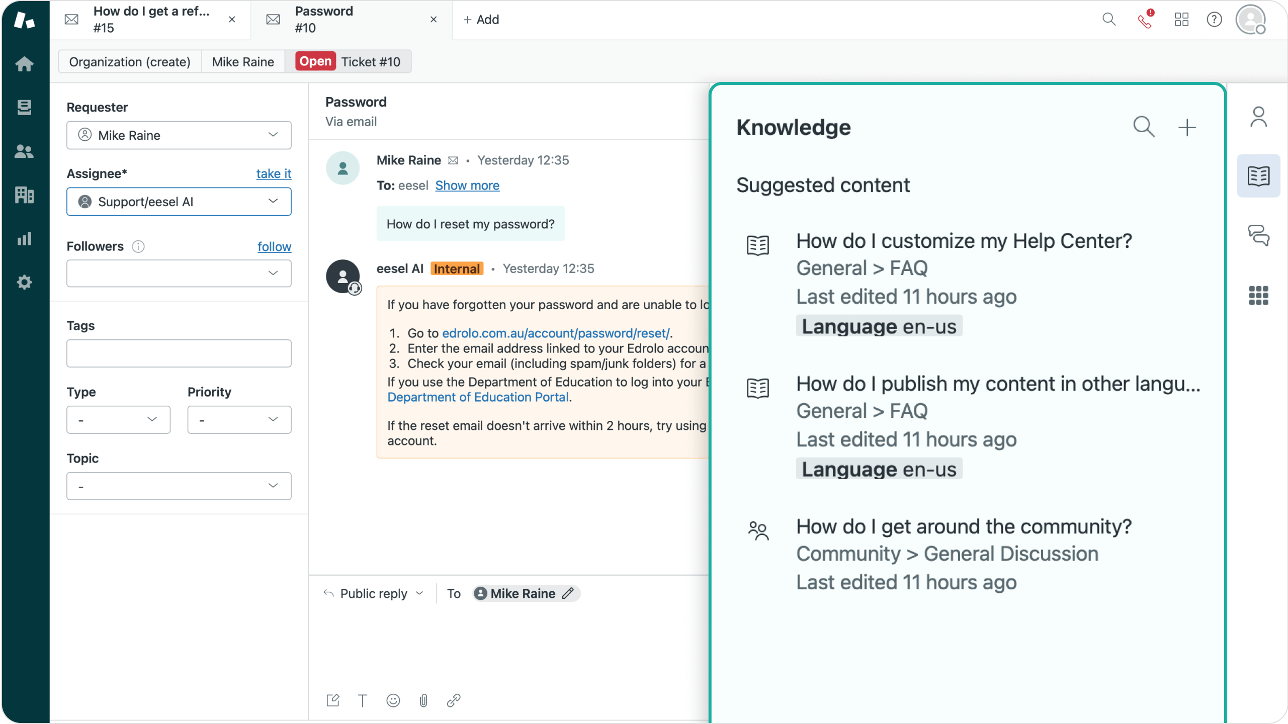 A screenshot of Zendesk's knowledge tab suggesting answers while the ticket is in the background.