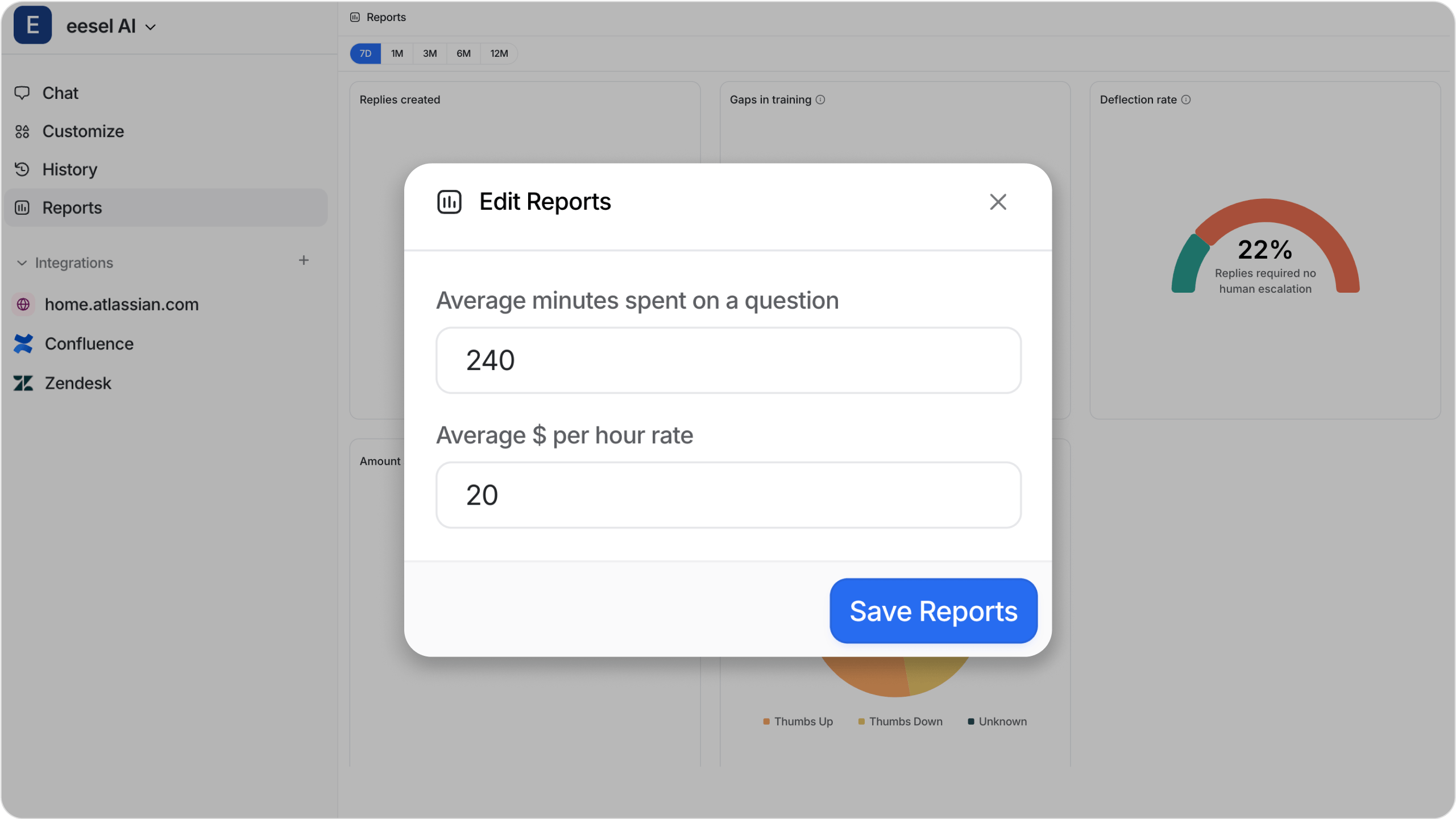 A screenshot of the reports page in the eesel AI dashboard, specifically the edit reports option for the ROI calculator.