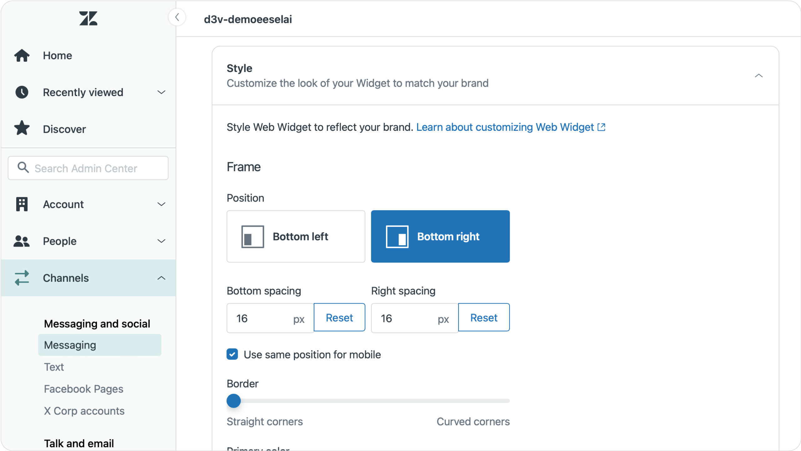 Screenshot of Zendesk's web widget customization panel showing branding and appearance settings