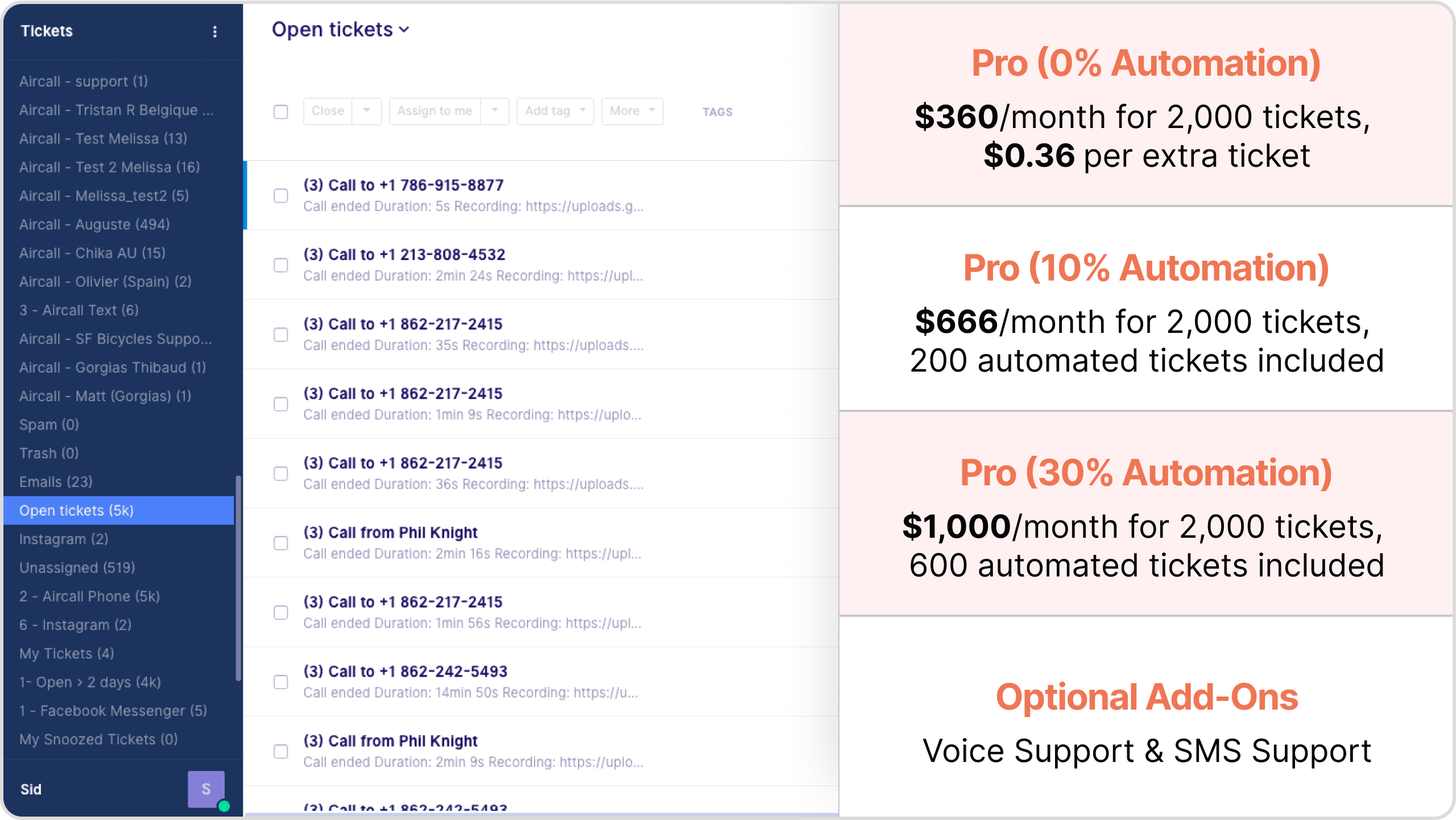 screenshot of the dashboard for Gorgias AI and their pricing plans