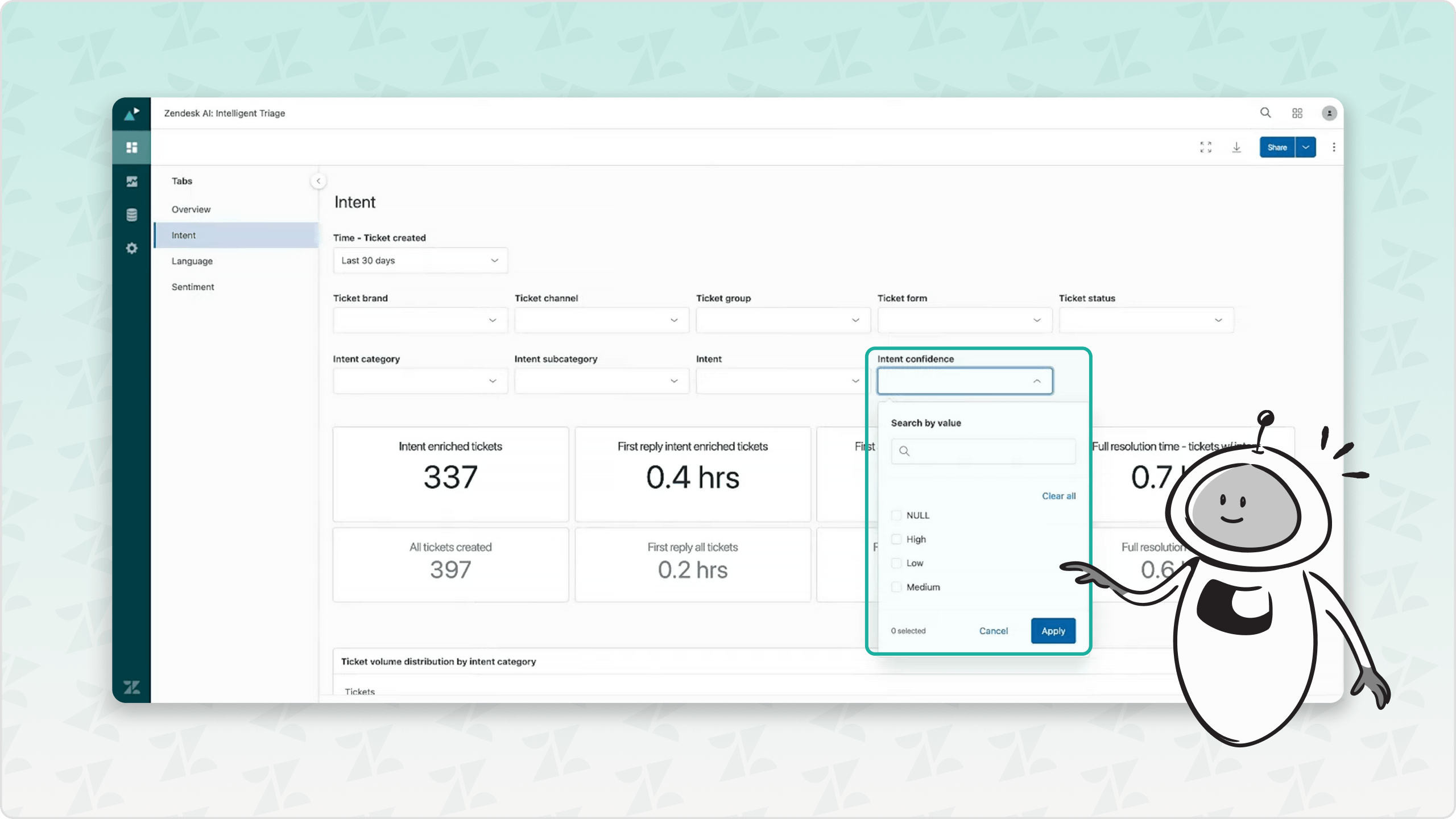 A graphic of the Zendesk Admin Center, with a cartoon robot highlighting the recommended settings