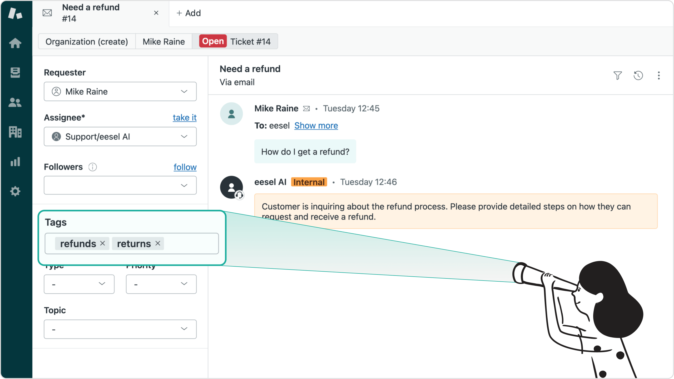 A screenshot of Zendesk's ticket dashboard with eesel AI replying to a ticket inside Zendesk, and resolving the ticket and tagging it.