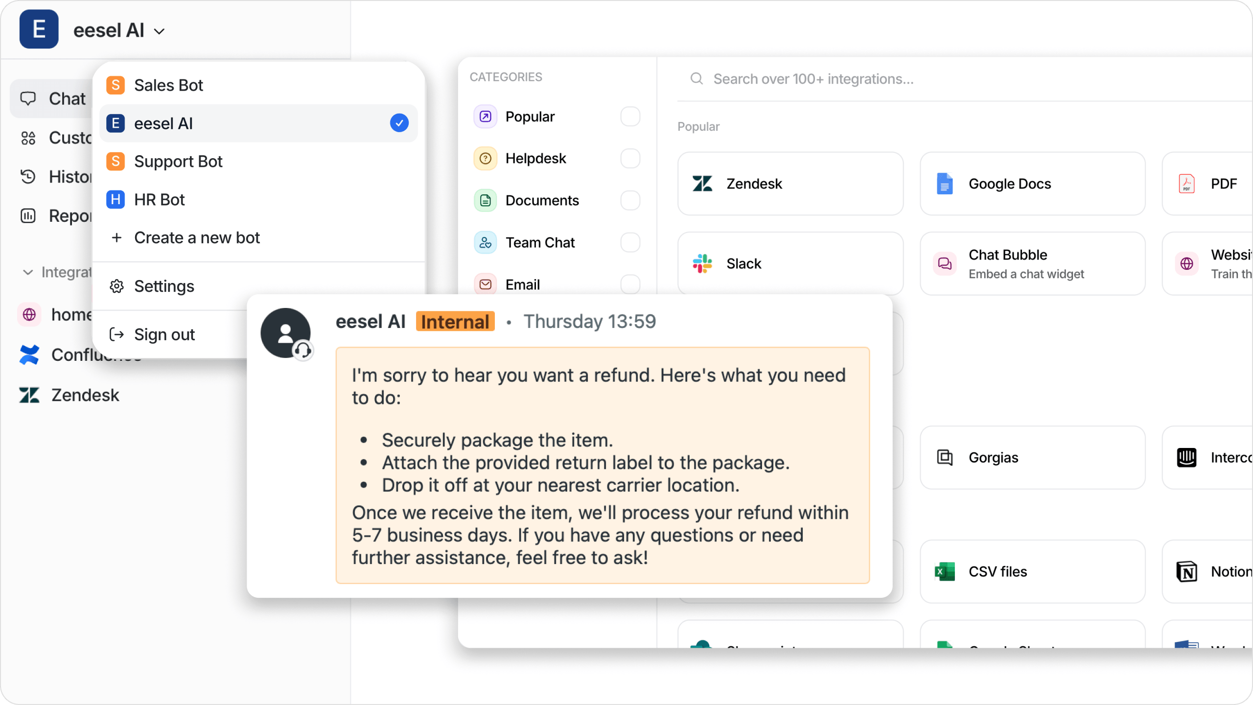 Screenshot of the eesel AI dashboard, highlighting multiple bots, the integration screen, and the bot replying to a refund request.