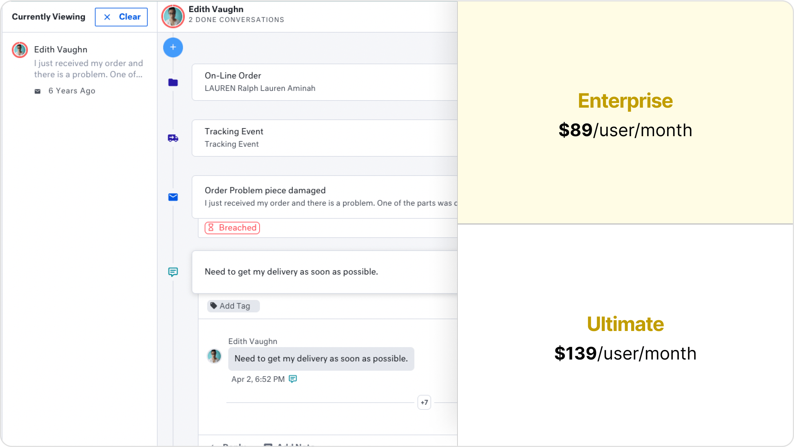 screenshot of kustomer dashboard for AI and their pricing plans