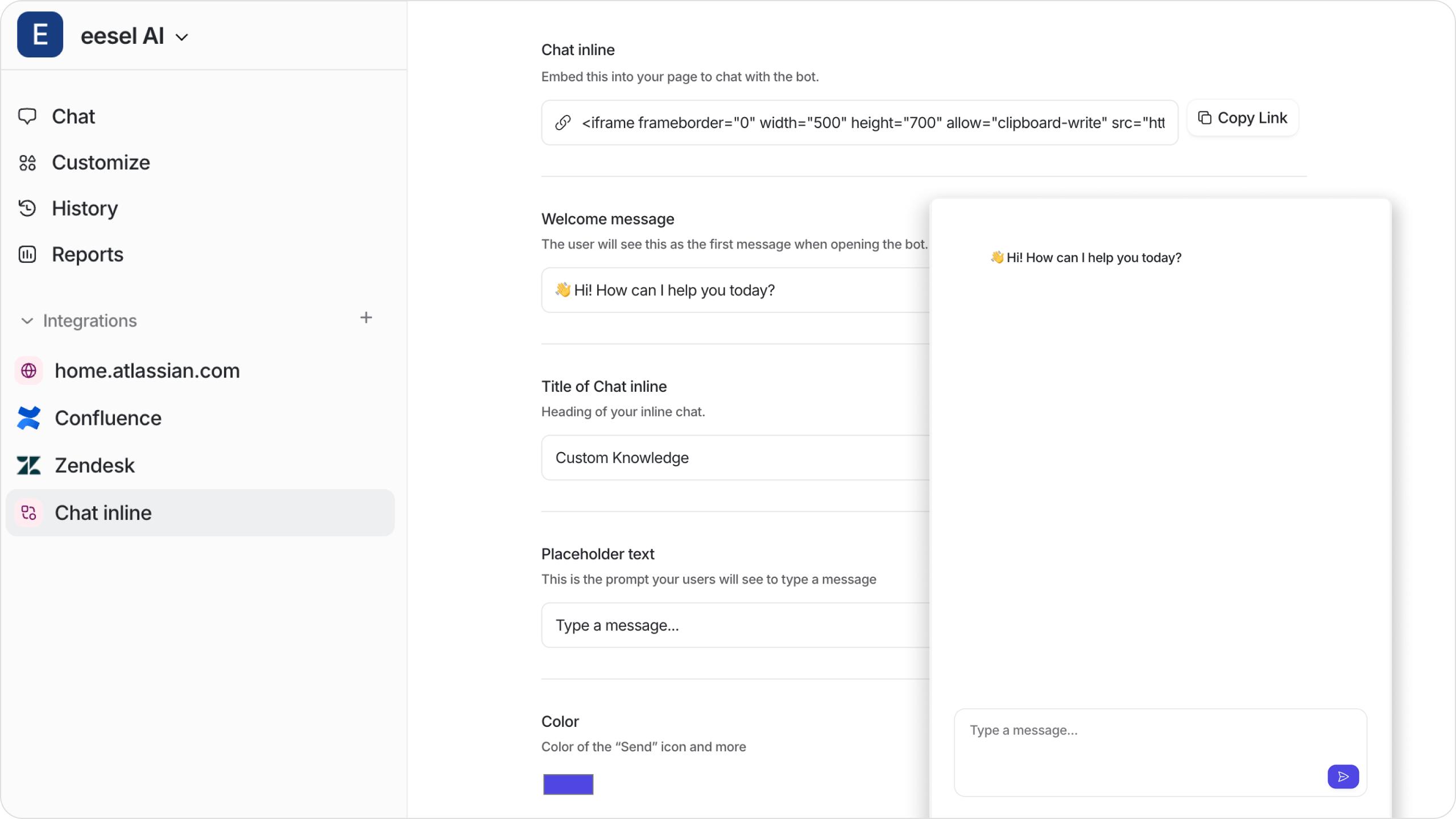 Screenshot of eesel AI's dashboard, highlighting the Chat inline page, which has the settings for the chatbot for websites.