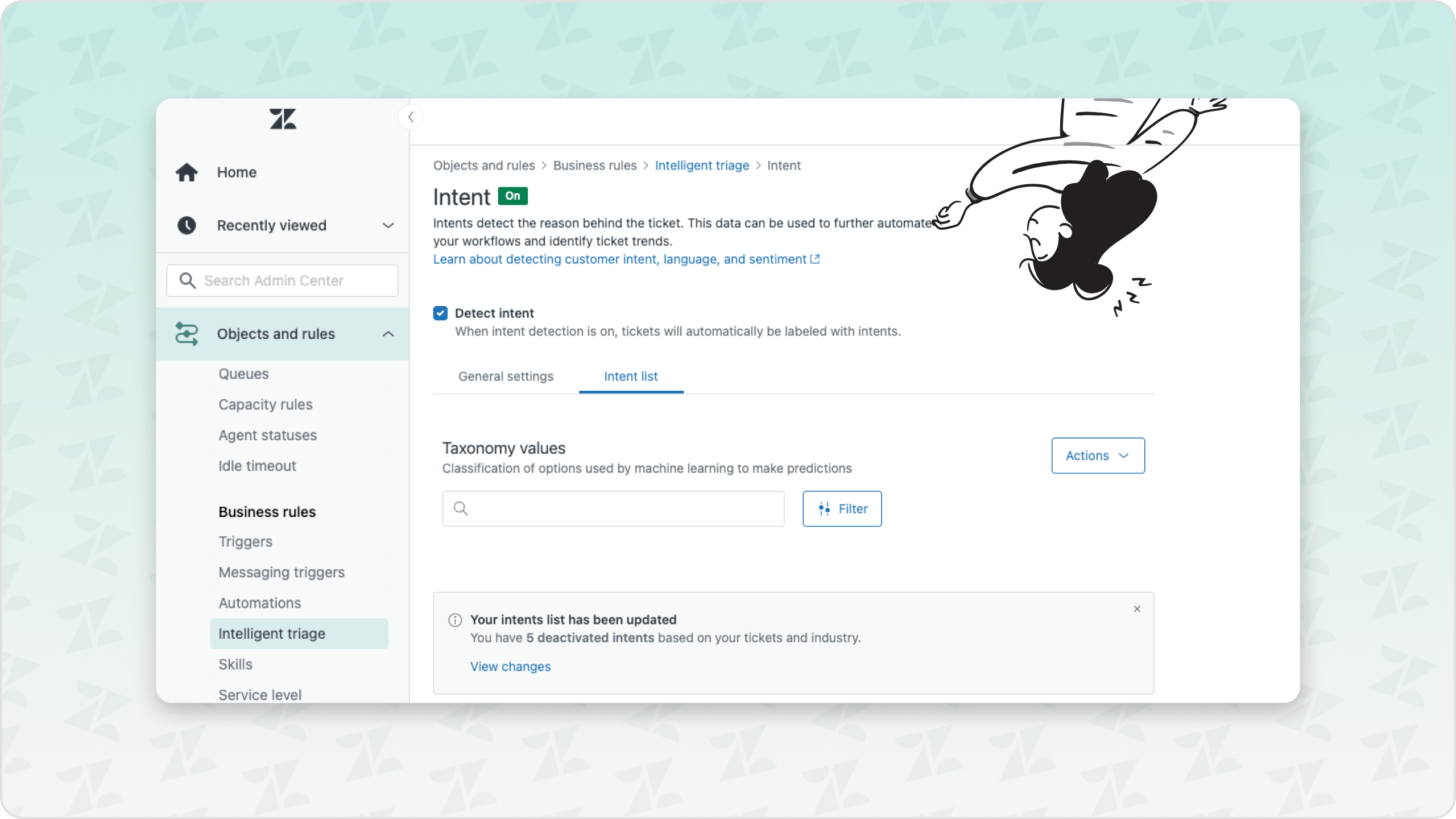 Screenshot of Zendesk's intelligent triage dashboard displaying the intents page with added taxonomy values