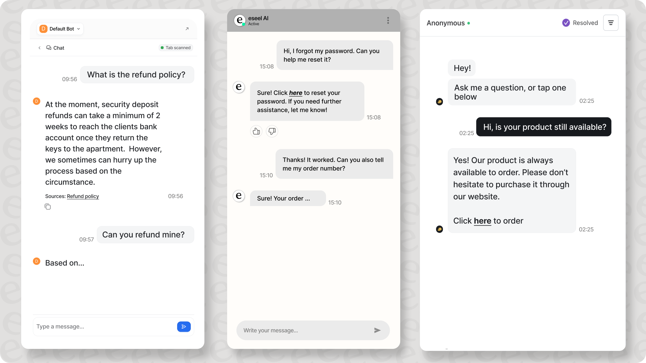 A picture of 3 different chatbots answering questions at different times of the day, all helping with covering customer questions around the clock.