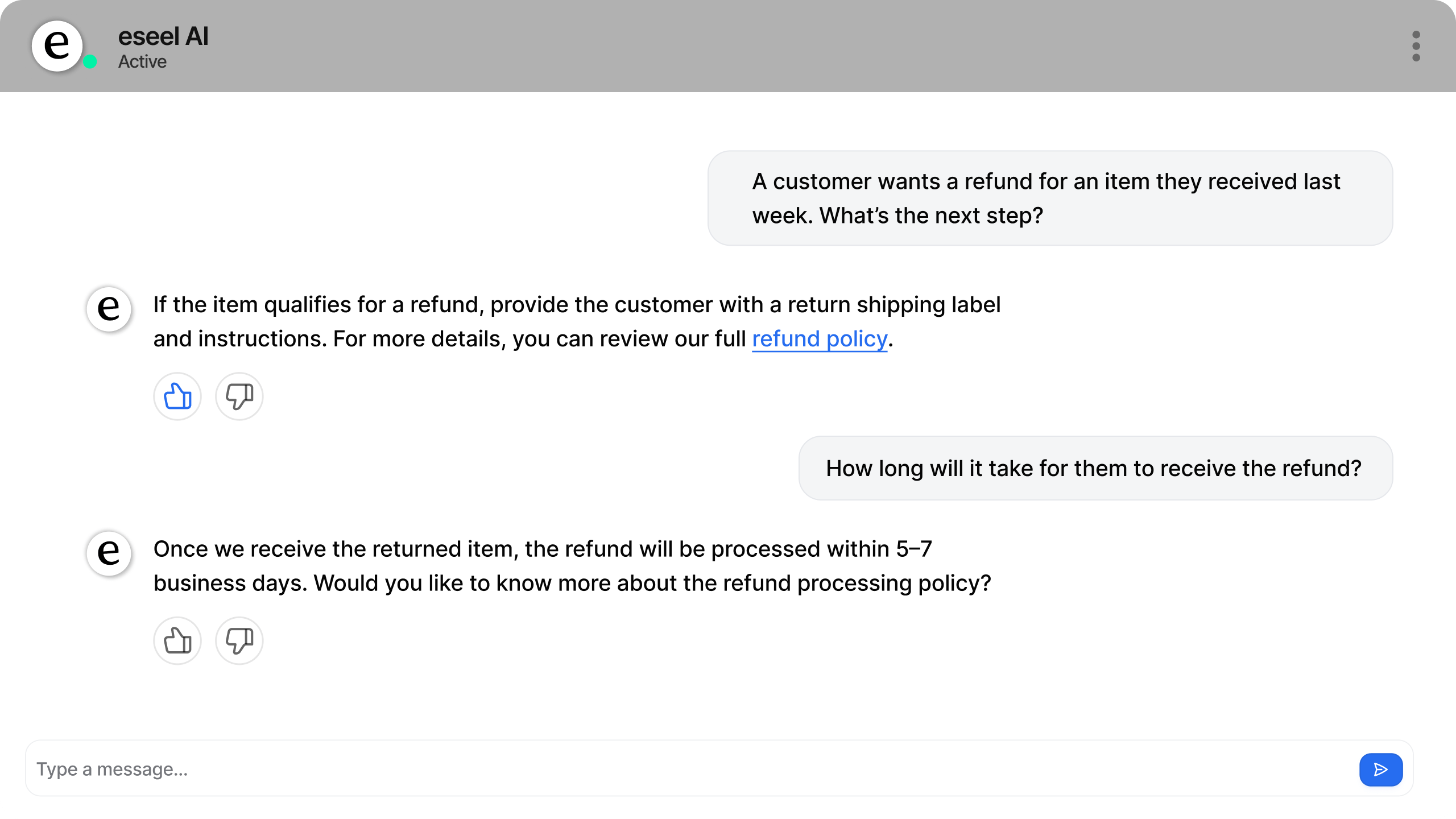 Screenshot of the eesel AI virtual agent/assistant chatting with a customer, helping them retrieve information.