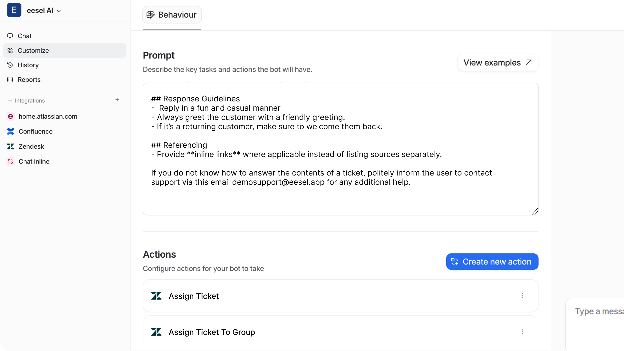 A screenshot of eesel AI's Customize tab with a custom prompt written in the prompt box and a couple of Zendesk actions added.
