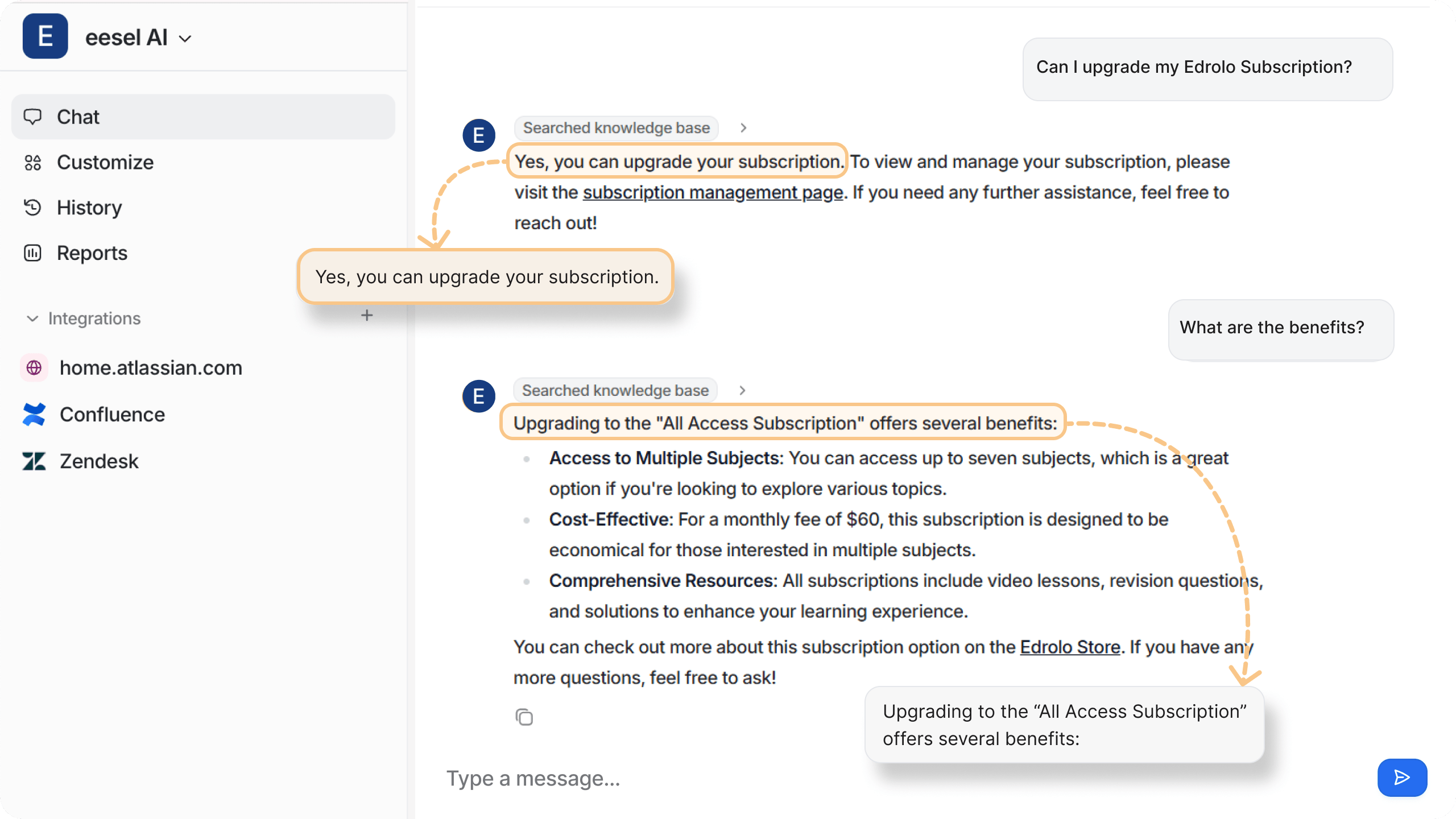 Screenshot of eesel AI's virtual agent maintaining conversational context across multiple messages.