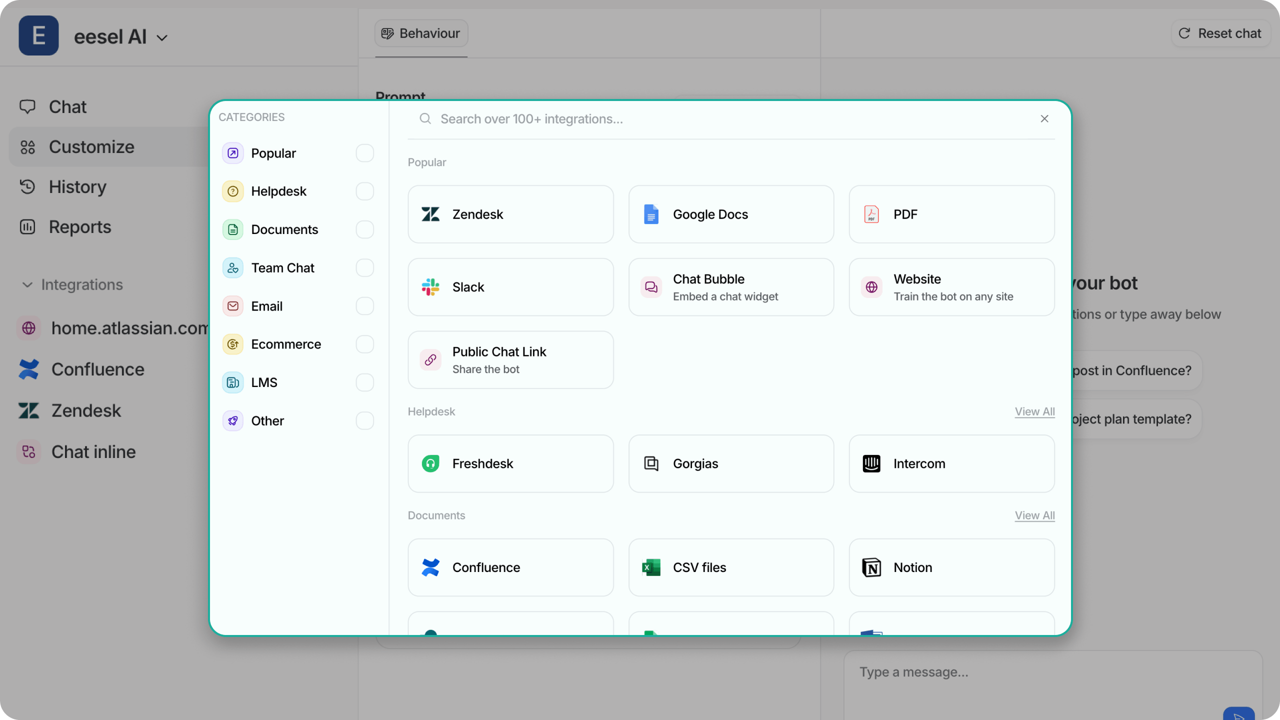 A screenshot of the eesel AI dashboard with the integration window opened.