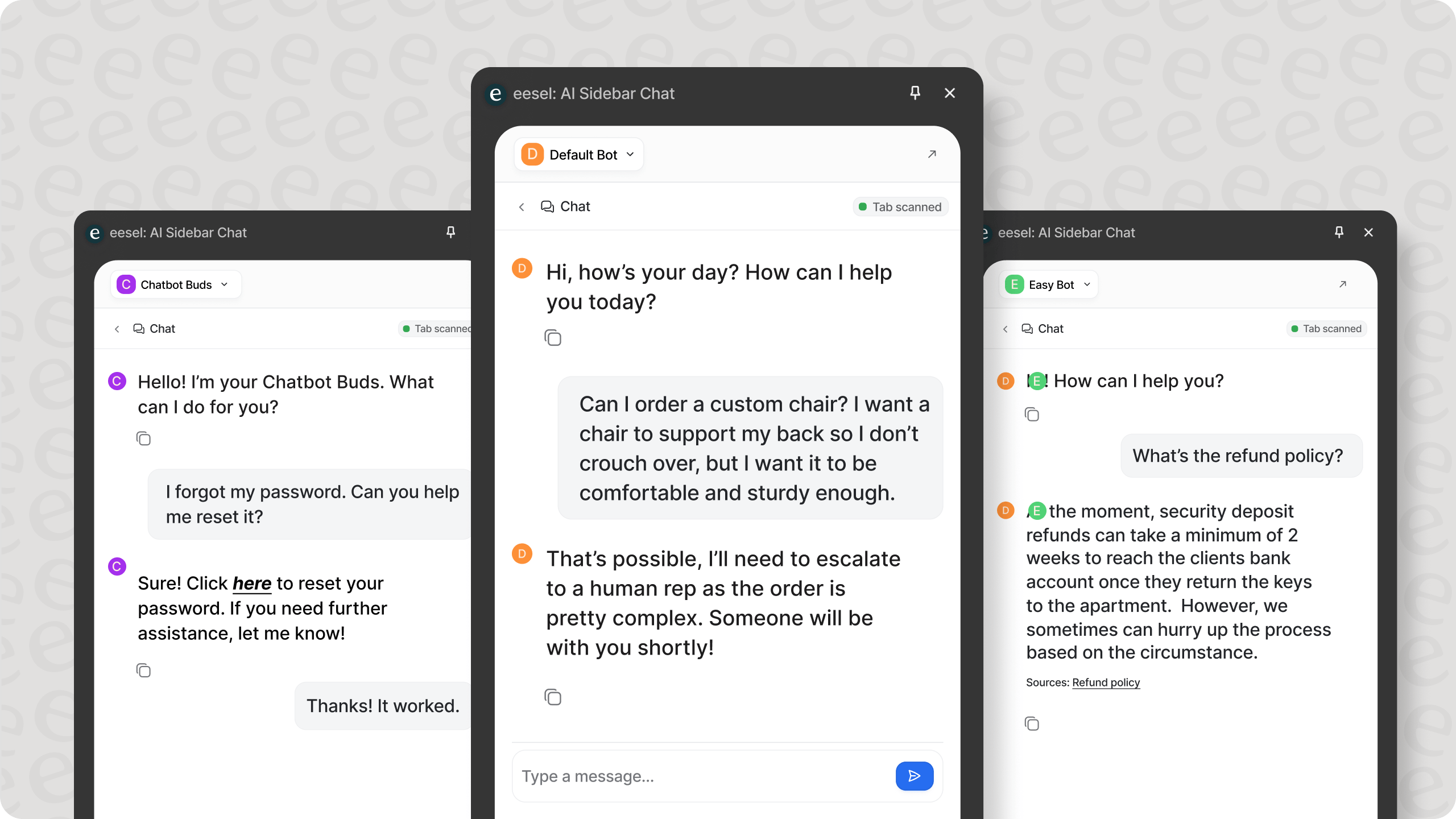 3 different eesel AI bots in unique chatboxes answering a variety of different customer questions.