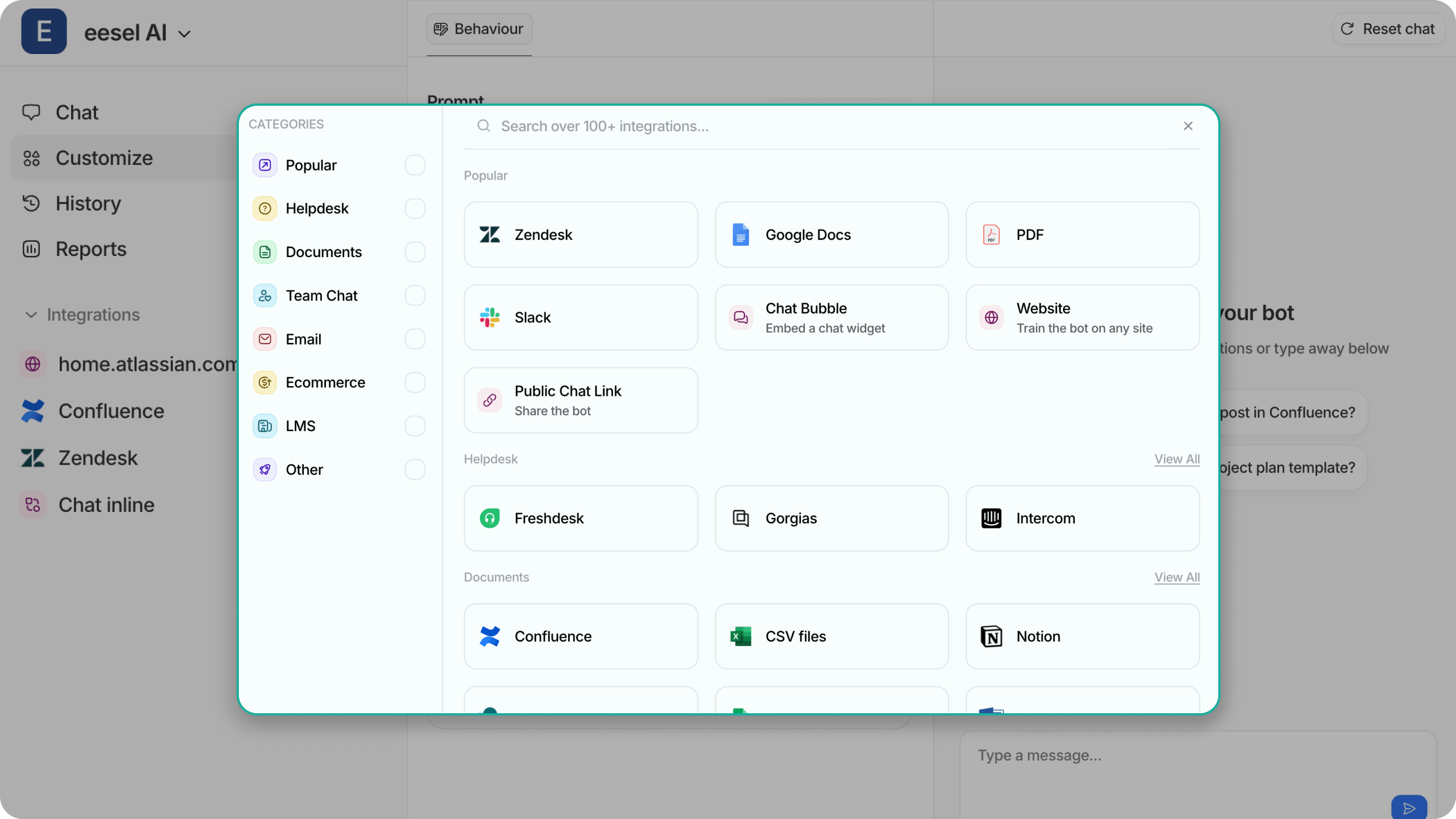 Screenshot of the eesel AI integration pop up, highlighting a wide number of integration options.