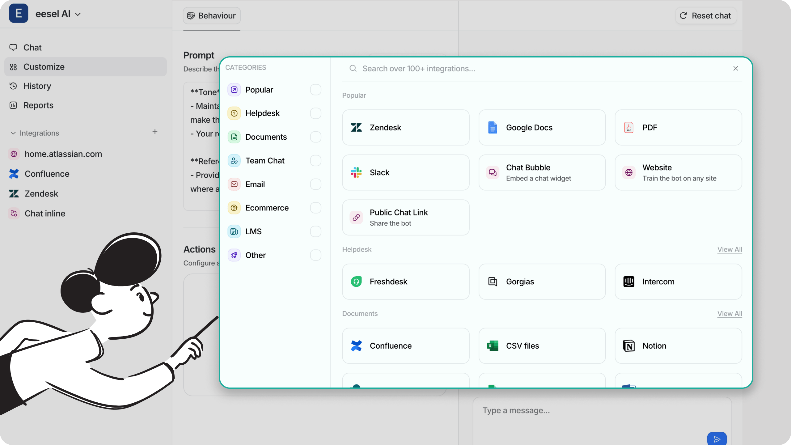 Screenshot showing the integration window popped up with the customization dashboard opened behind it.