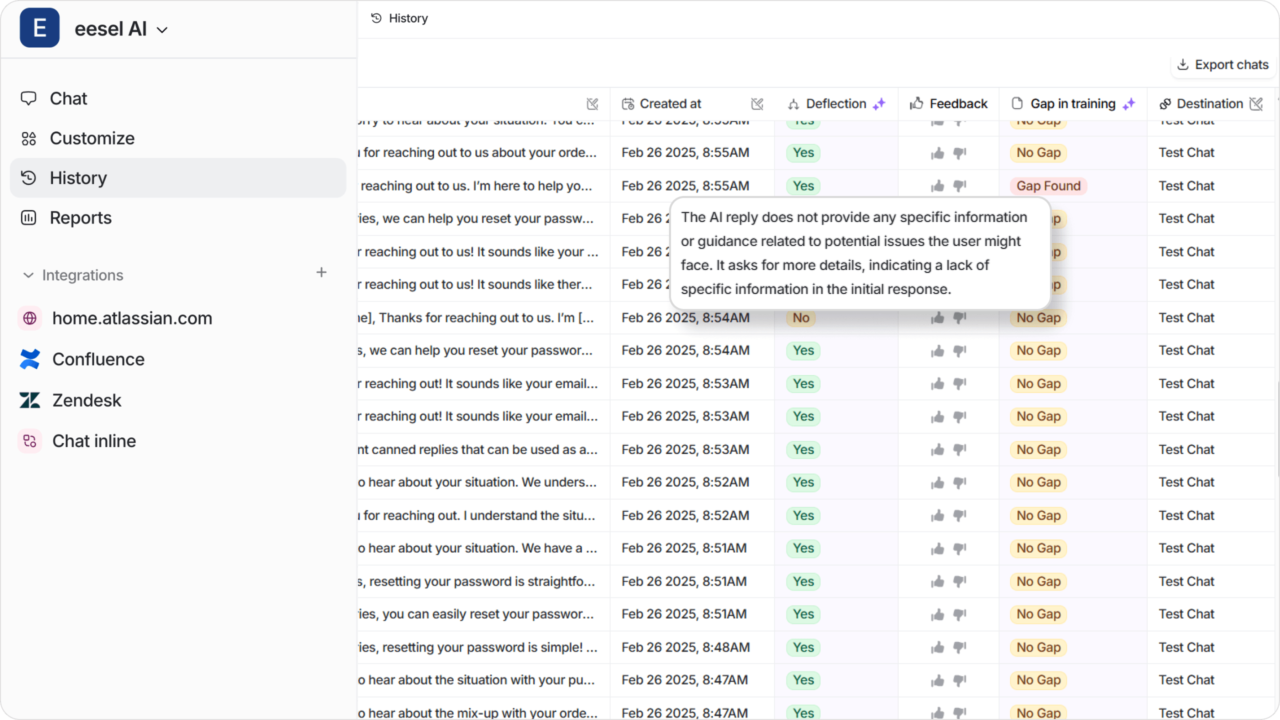 A screenshot of eesel AI's History tab, highlighting knowledge gaps that the AI has discovered and taken note of.