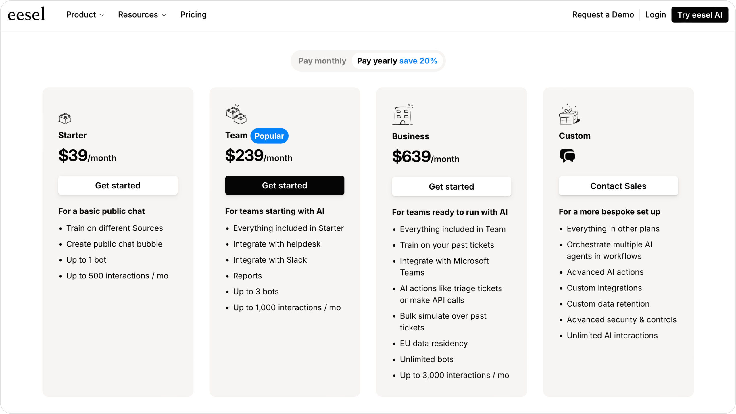 Screenshot of eesel ai’s pricing page