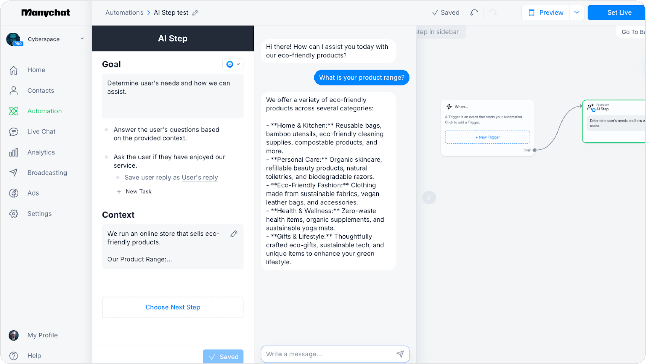 Screenshot of Manychat’s AI chatbot answering a question or a screenshot of their chatbot settings page