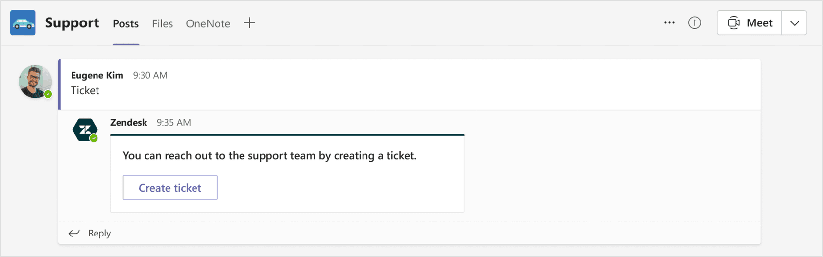 Microsoft Teams chat interface displaying a Zendesk bot's automated response, prompting the user to create a support ticket.