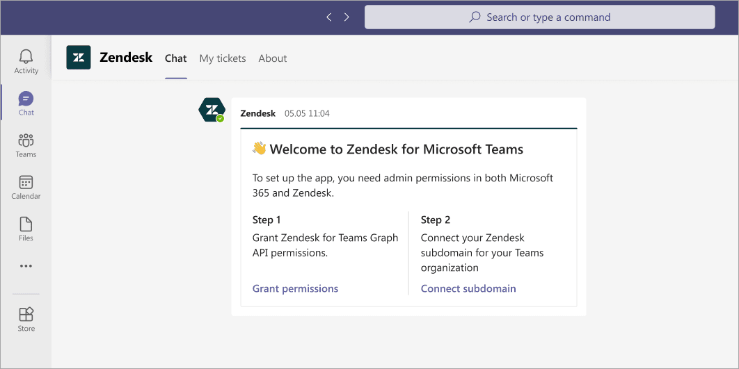 Microsoft Teams displaying the Zendesk integration setup, prompting the user to grant Zendesk for Teams Graph API permissions.