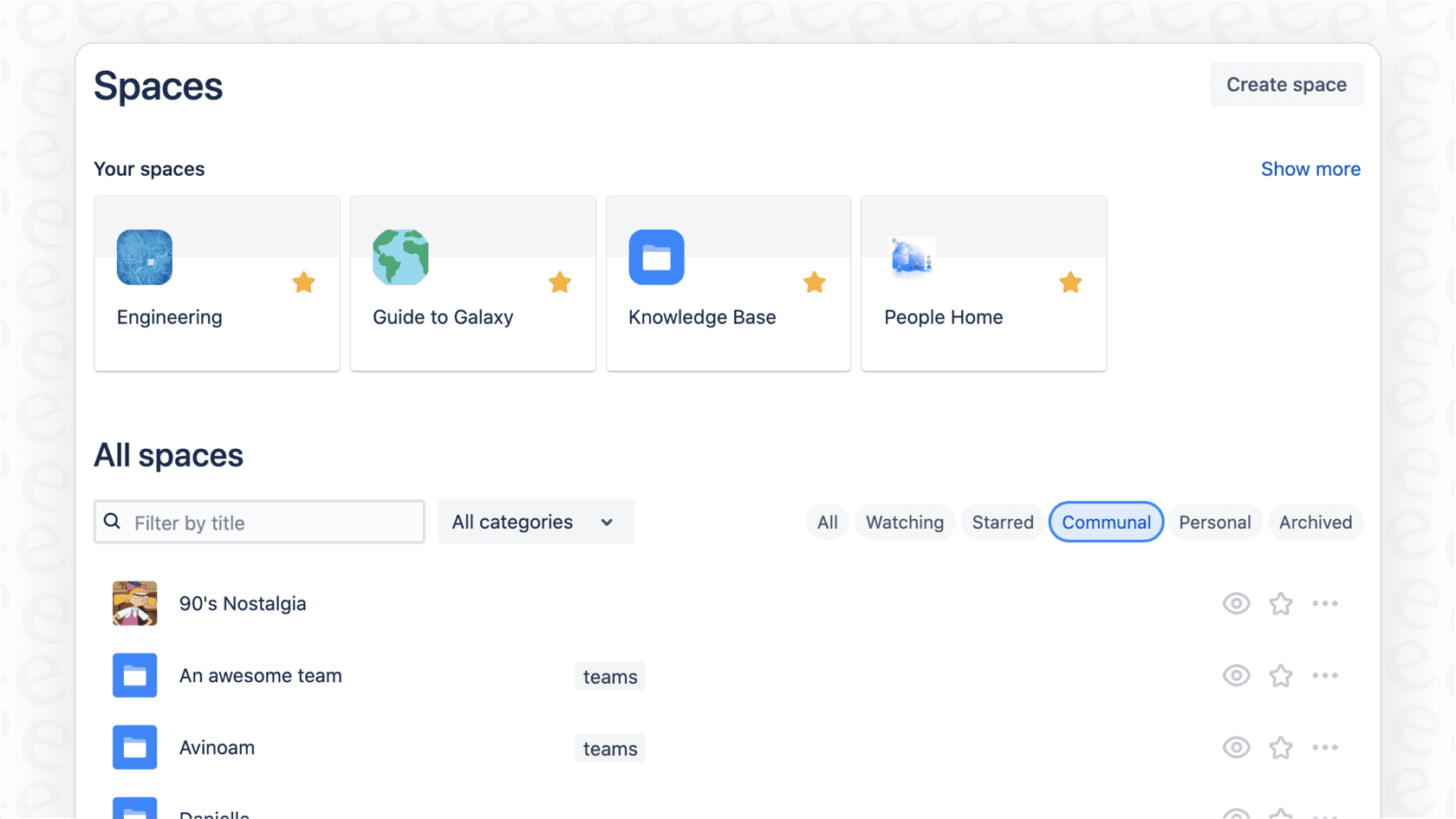 A screenshot of the Confluence interface showing the Spaces feature, which helps organize work by team or project. This image supports the Confluence review by illustrating a core concept.