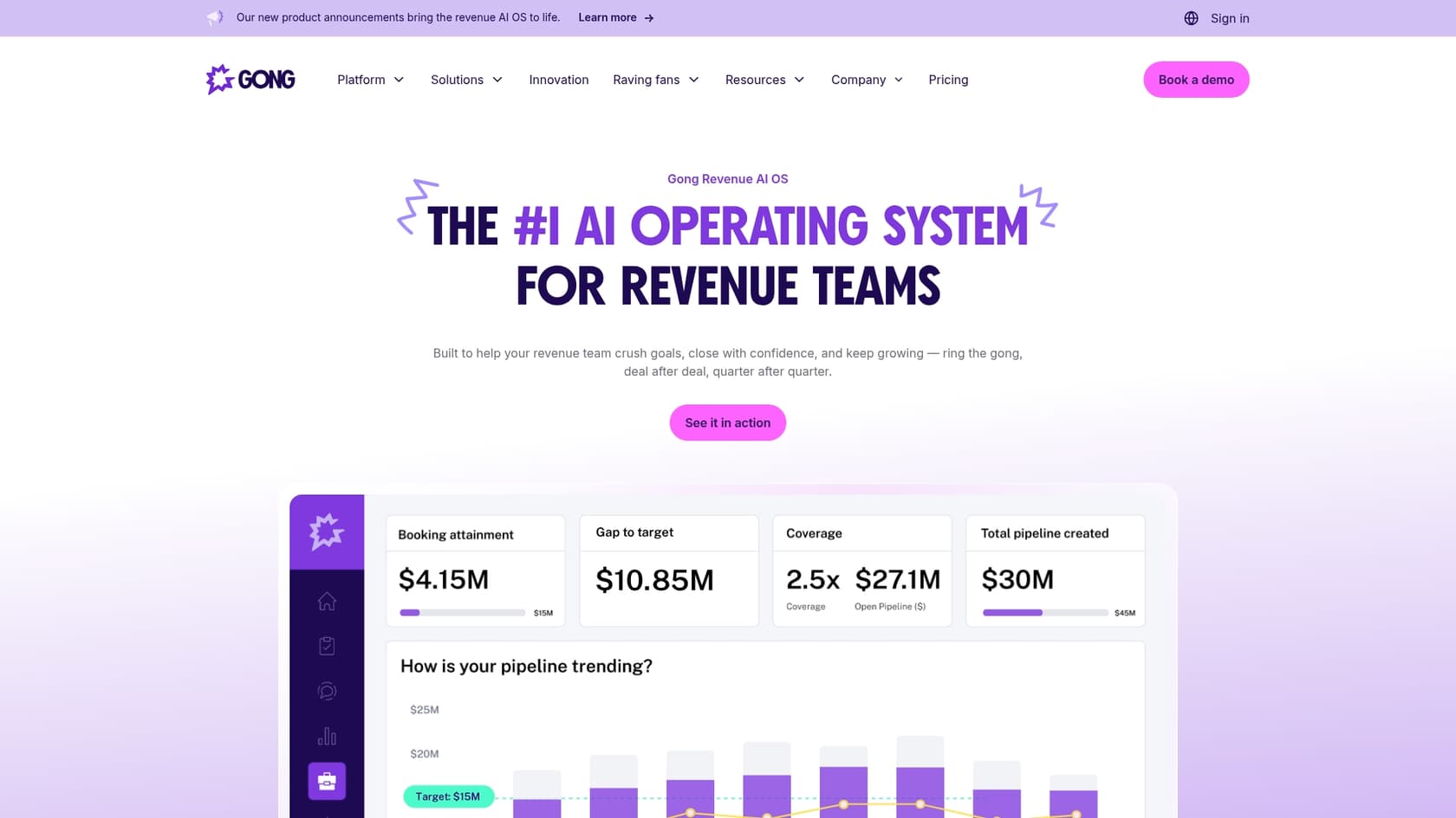 A screenshot of the Gong landing page, showcasing one of the best AI tools for Salesforce to boost CRM performance through conversation intelligence.::A screenshot of the Gong landing page, showcasing one of the best AI tools for Salesforce to boost CRM performance through conversation intelligence.