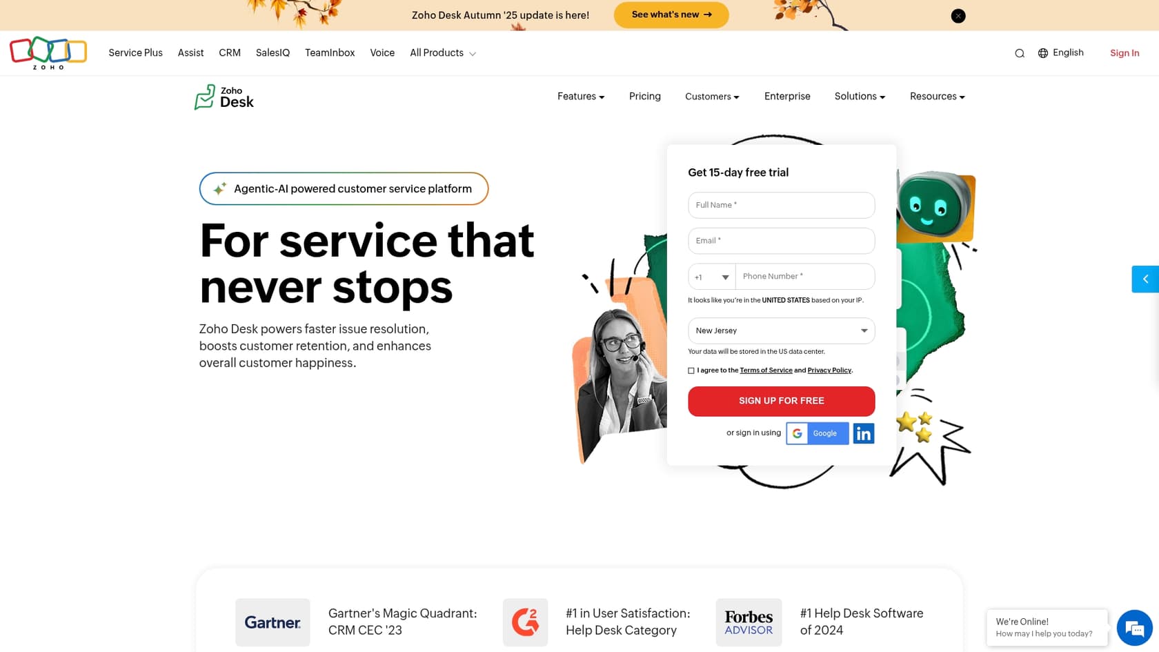 A screenshot of the Zoho Desk homepage, the go-to Salesforce alternative for Zoho users.::