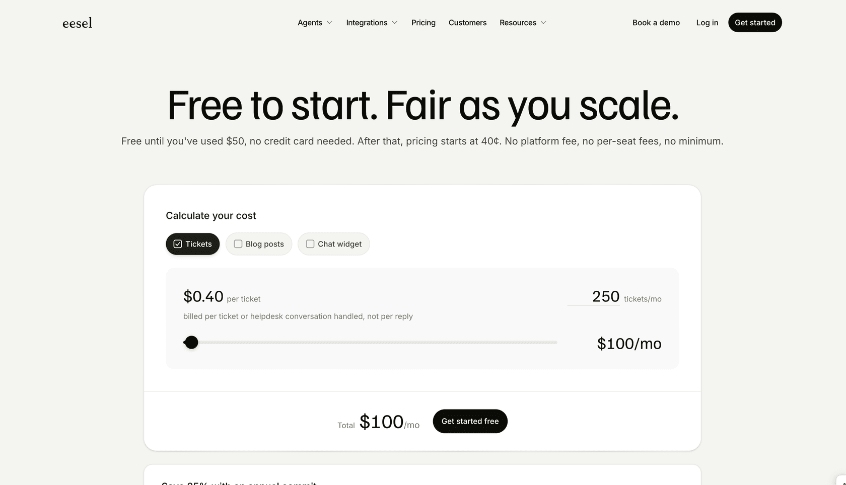 A visual of the eesel AI pricing page, which contrasts with opaque Coactive AI pricing by showing clear, public-facing costs.