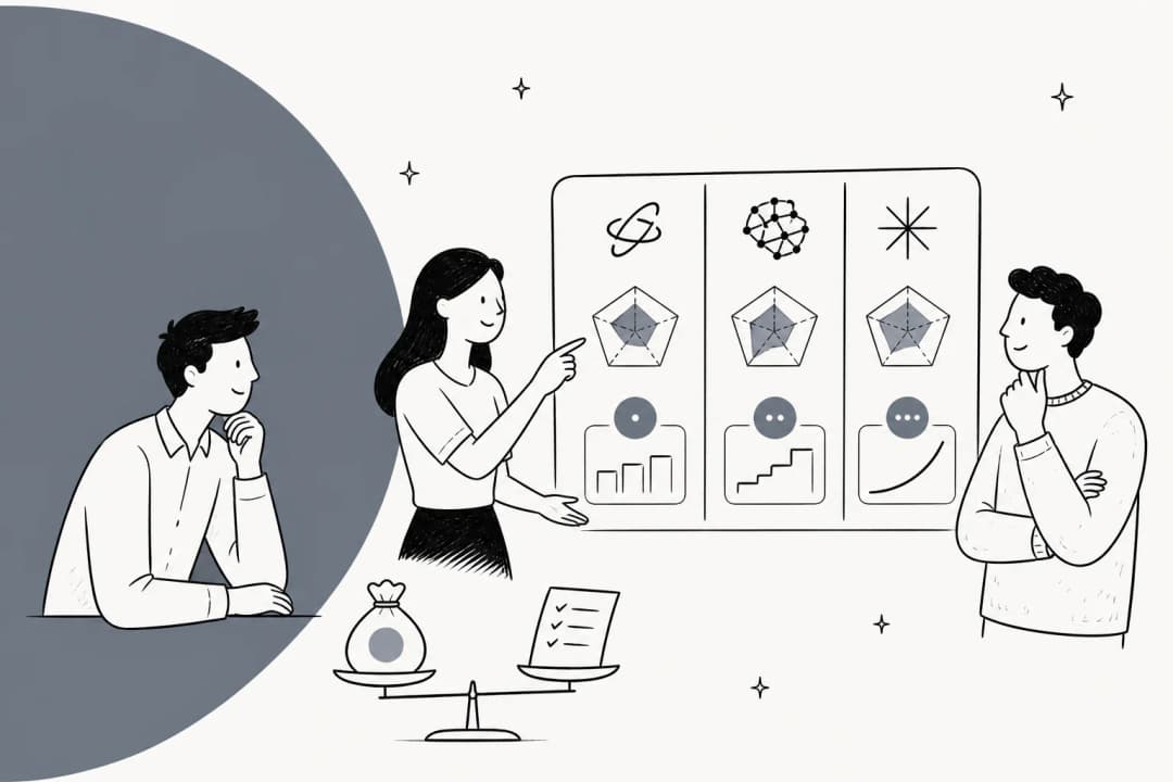 Illustration dessinée à la main de trois personnes comparant des fiches de notation de modèles à côté d'une balance pesant le coût contre une liste de contrôle