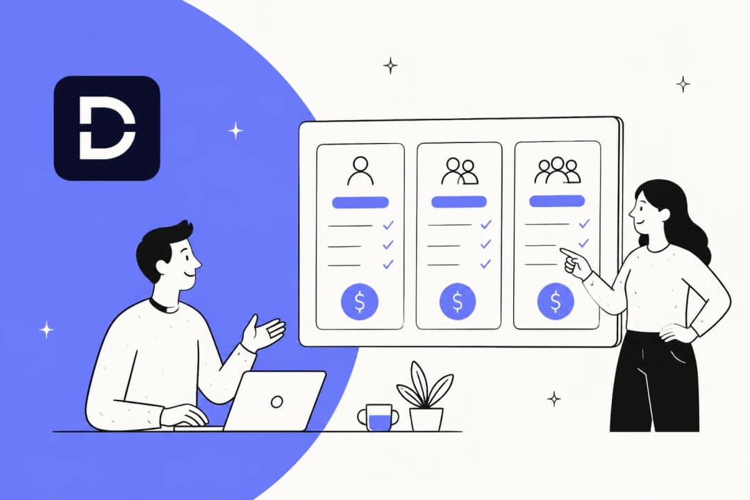 Deskpro pricing illustration showing three plan cards with agent tiers and dollar coins