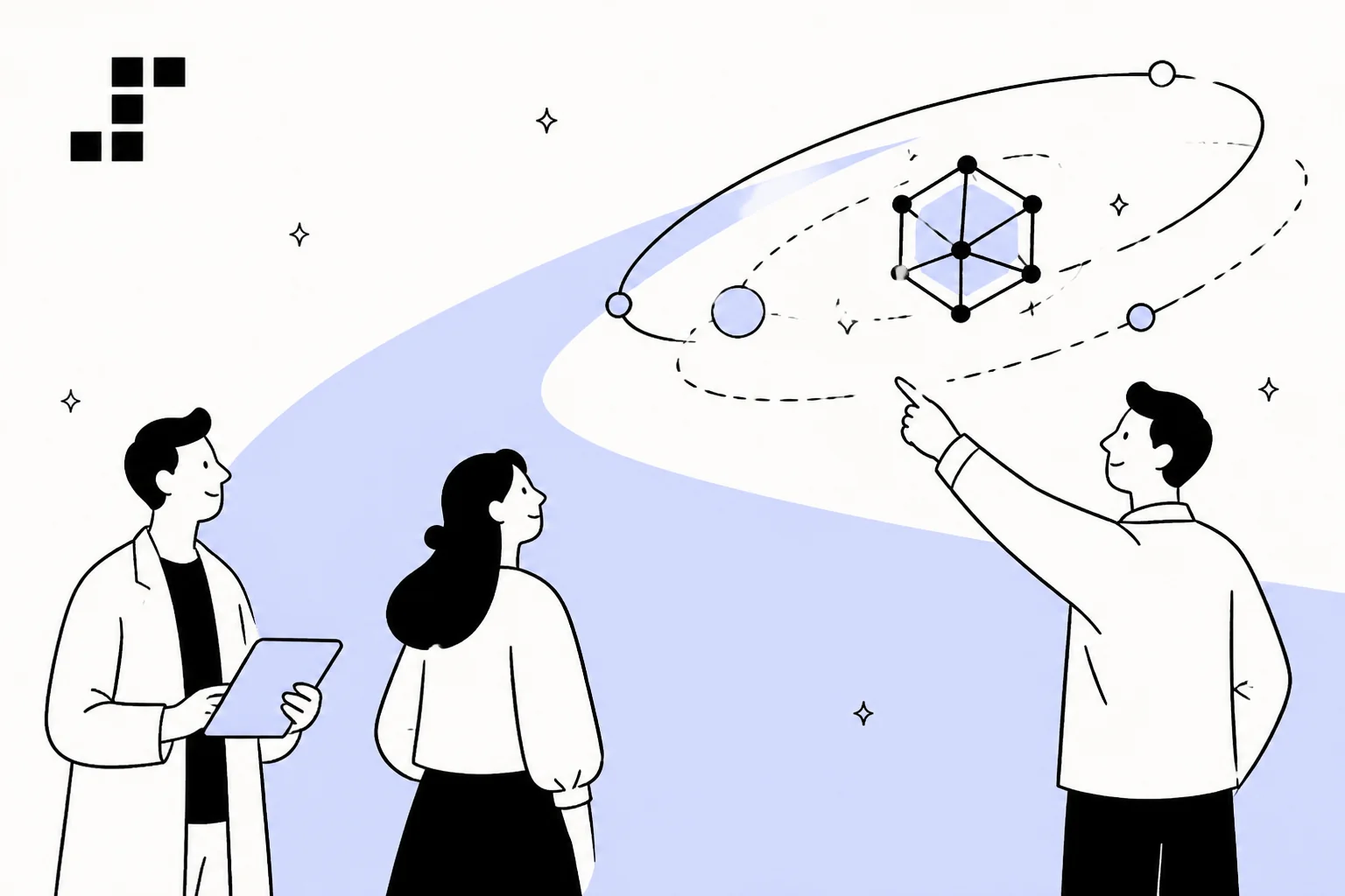 Illustration of StepFun's Step 5 Preview model launch with people studying an orbiting network graph