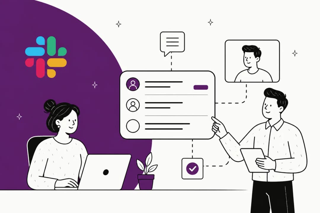 Illustration of a support team working a ticket queue inside Slack