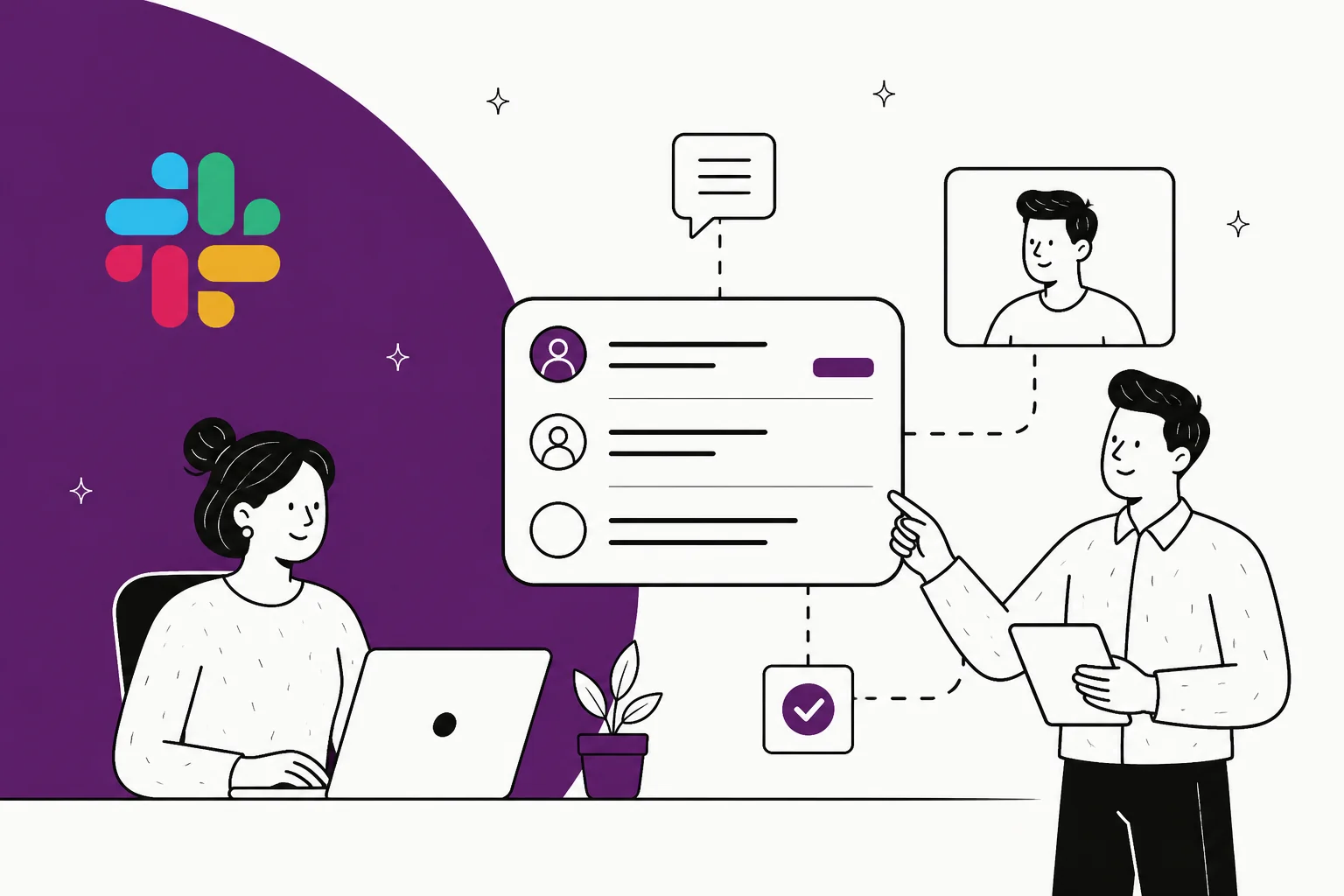 Illustration of a support team working a ticket queue inside Slack