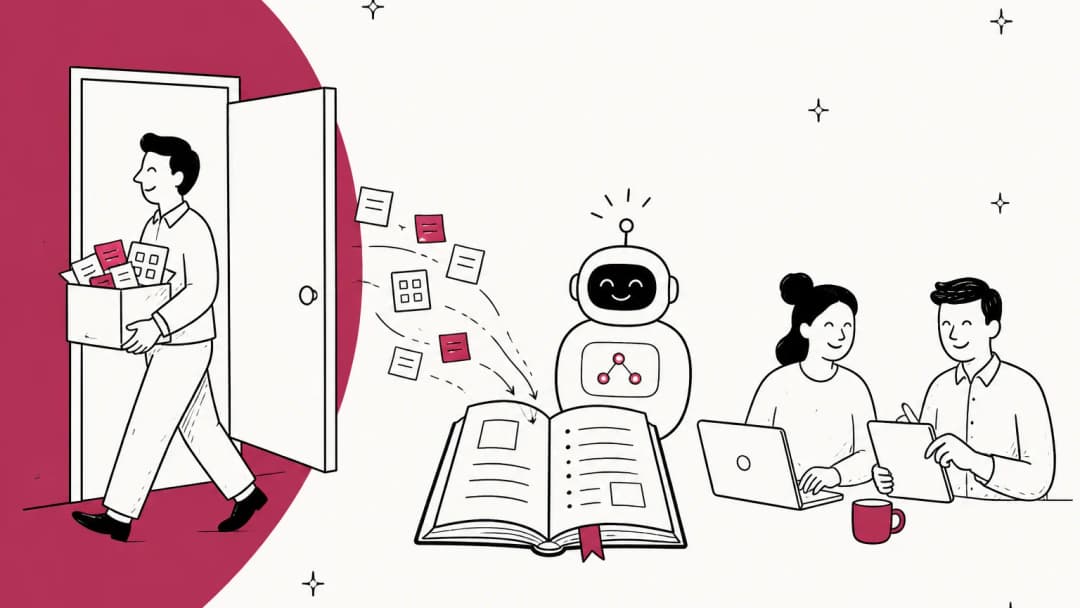 Hand-drawn illustration of a departing support agent carrying a box of notes out a door while the notes flow into an open knowledge base book and a friendly AI helper beside two teammates at their laptops