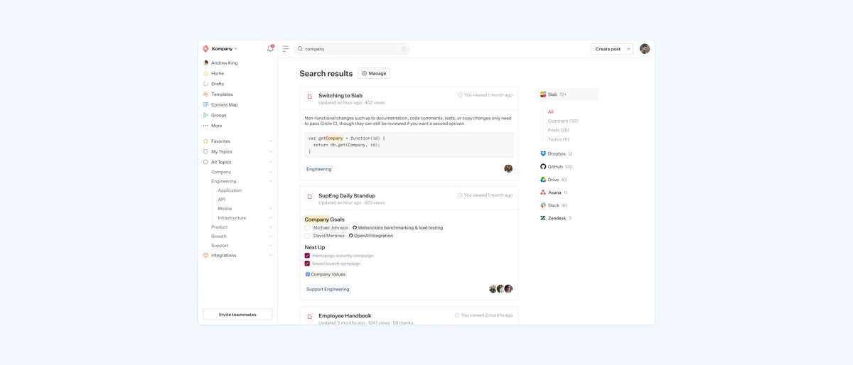 Slab's search results view across the workspace, as taken from Slab