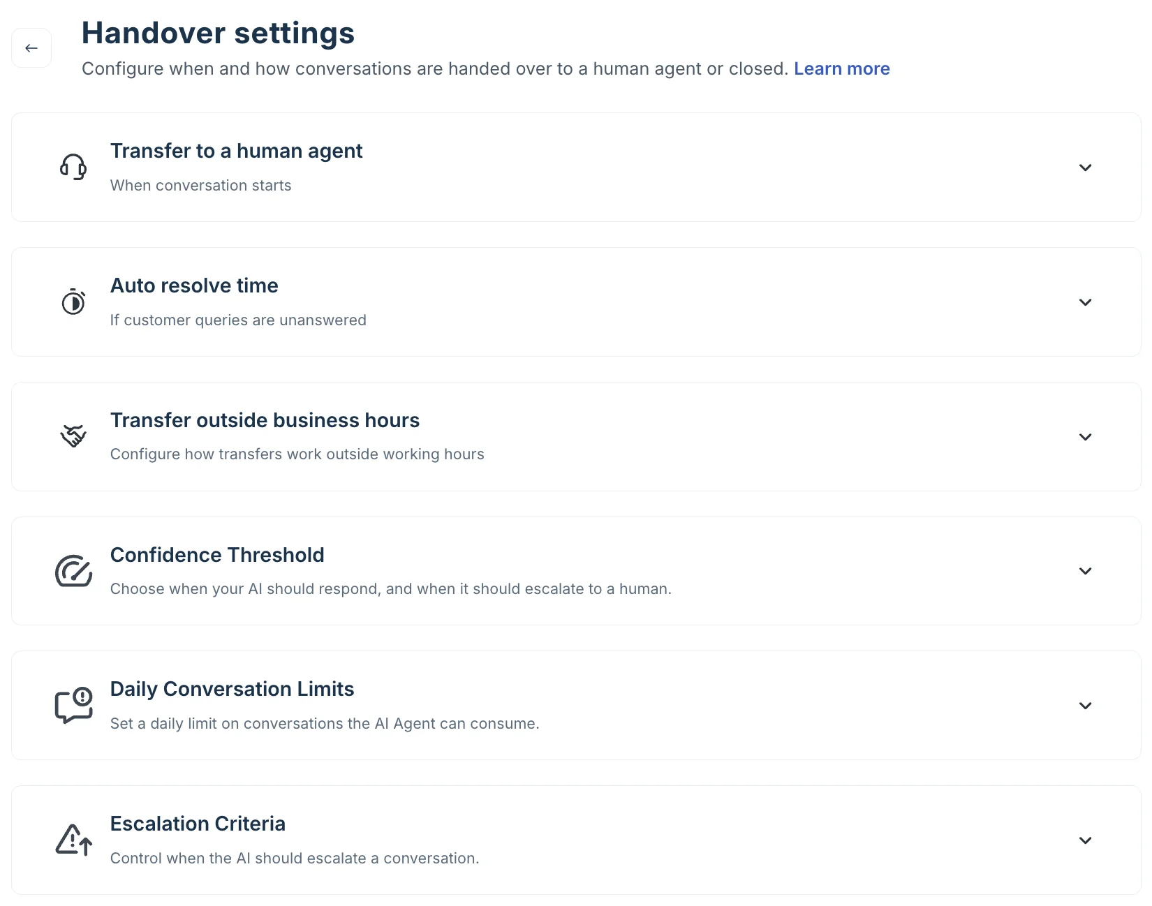 Freshdesk's AI Agent handover settings, including the confidence threshold and daily conversation limits
