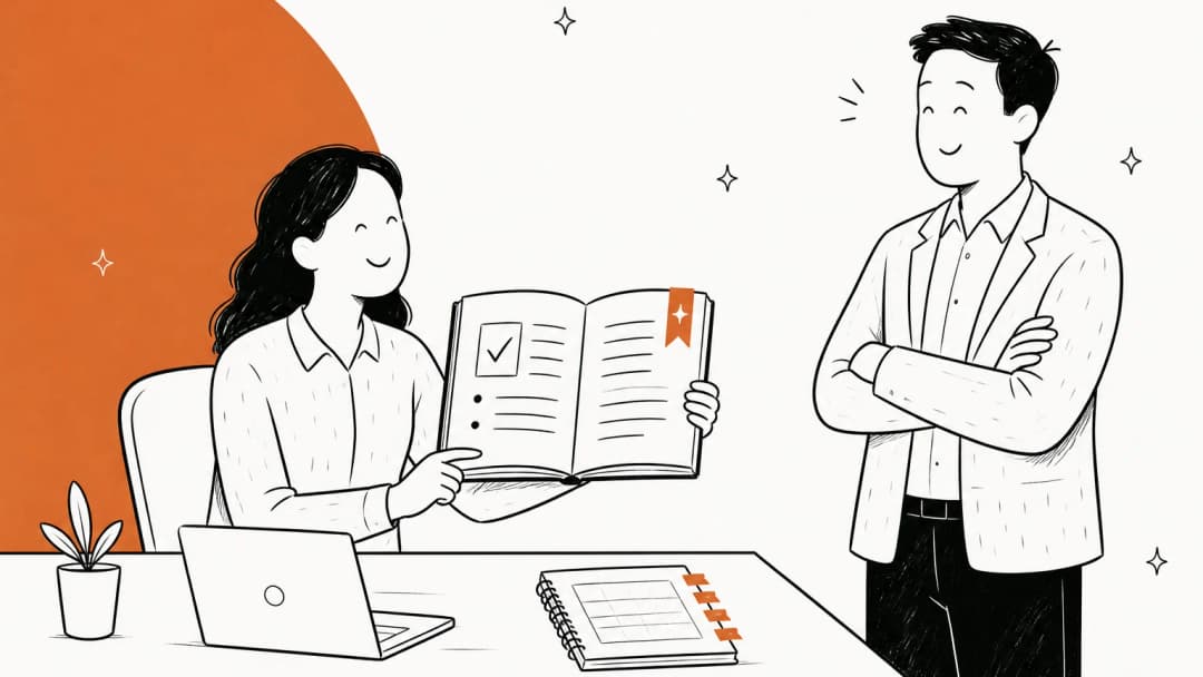 Hand-drawn illustration of a support agent showing an open policy book with one bookmarked exception page to a smiling manager, with a tabbed exception logbook on the desk