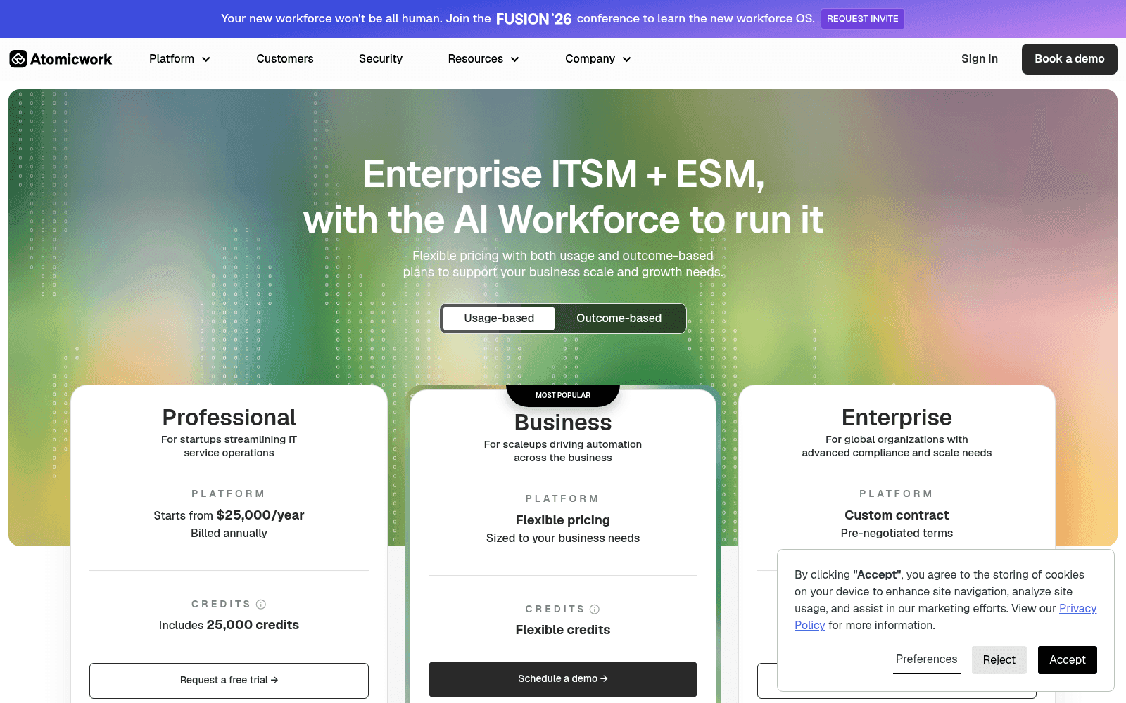 The Atomicwork pricing page showing the usage-based and outcome-based toggle, as taken from Atomicwork