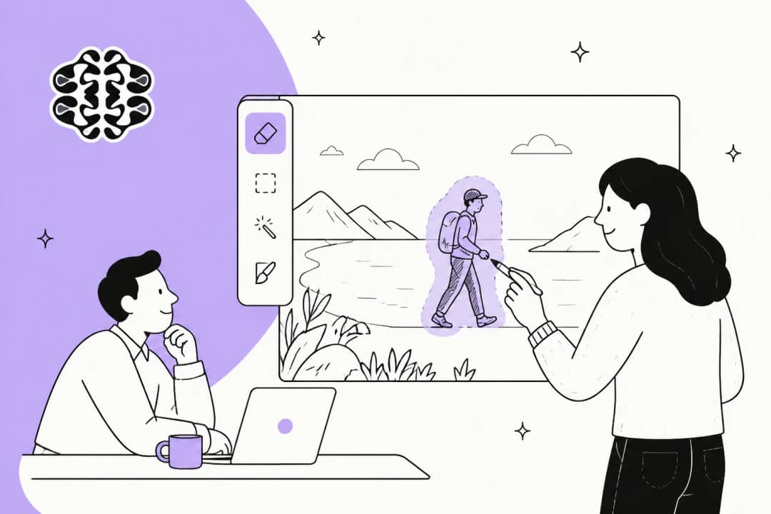 Two people at an editing canvas with the eraser tool selected, brushing an object out of a landscape photo, in Ideogram's lavender brand colour