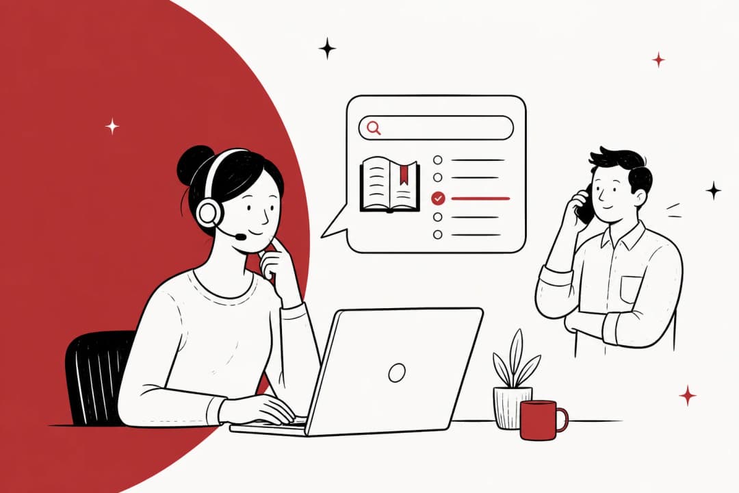 Illustration of a call center agent looking up an answer while a customer waits on the line