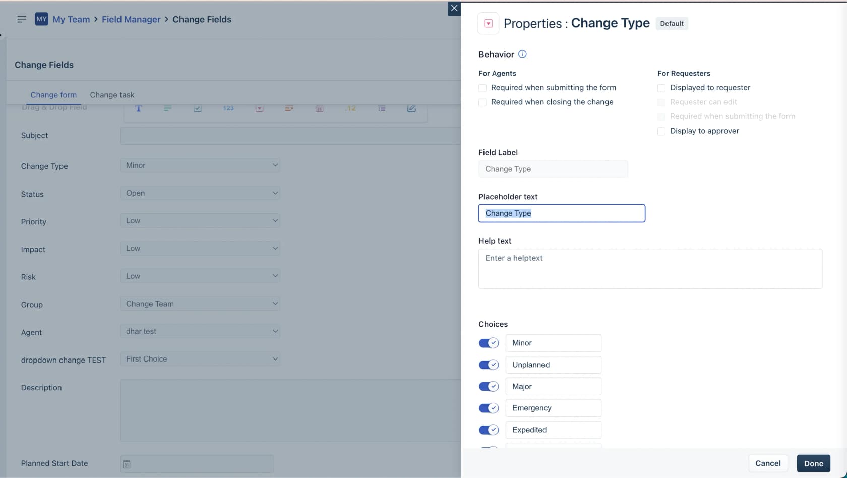 Freshservice change form and field editor showing the change type dropdown with minor, unplanned, major, emergency, and expedited options alongside impact, risk, and planned start date fields, as taken from Freshworks