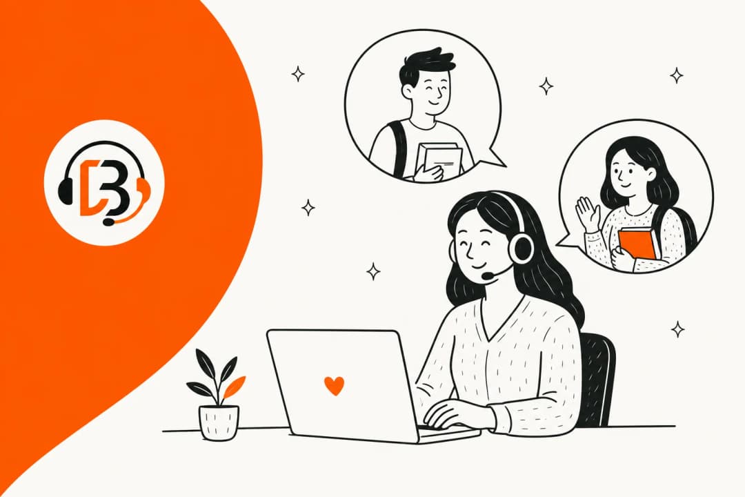 Hand-drawn illustration of a campus support agent with a headset helping two students, in BlackBeltHelp orange