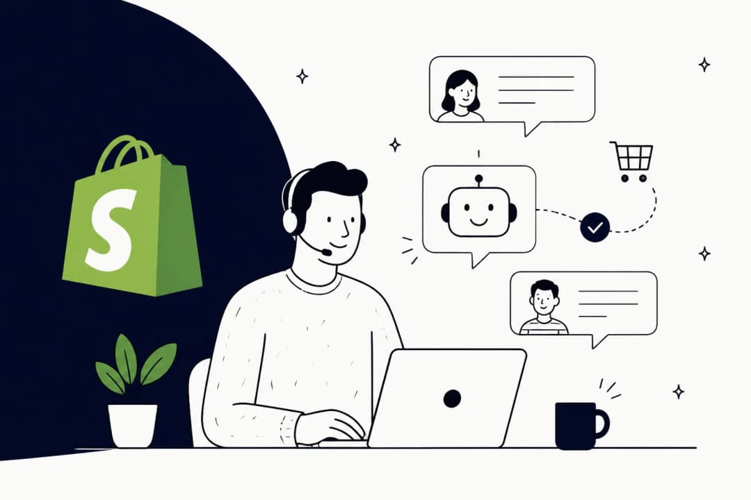 Grok Bot handling Shopify customer support, illustrated hero banner