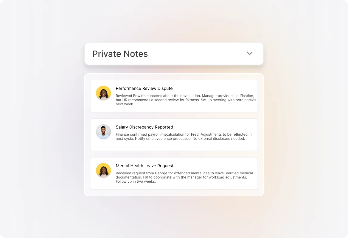 HappyFox's private notes panel on HR cases, showing internal notes on a performance review dispute, a salary discrepancy and a mental health leave request, as taken from HappyFox