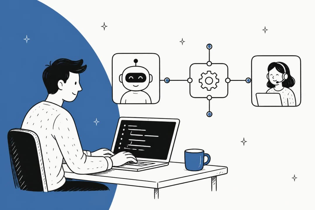 Illustration of a developer wiring an AI support agent to a helpdesk through an API