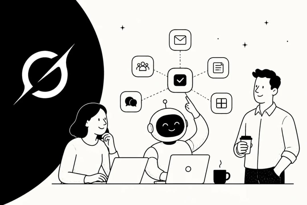 Illustration d'un coéquipier IA travaillant à un bureau aux côtés de deux collègues, avec des icônes d'outils au-dessus et le logo Grok à gauche