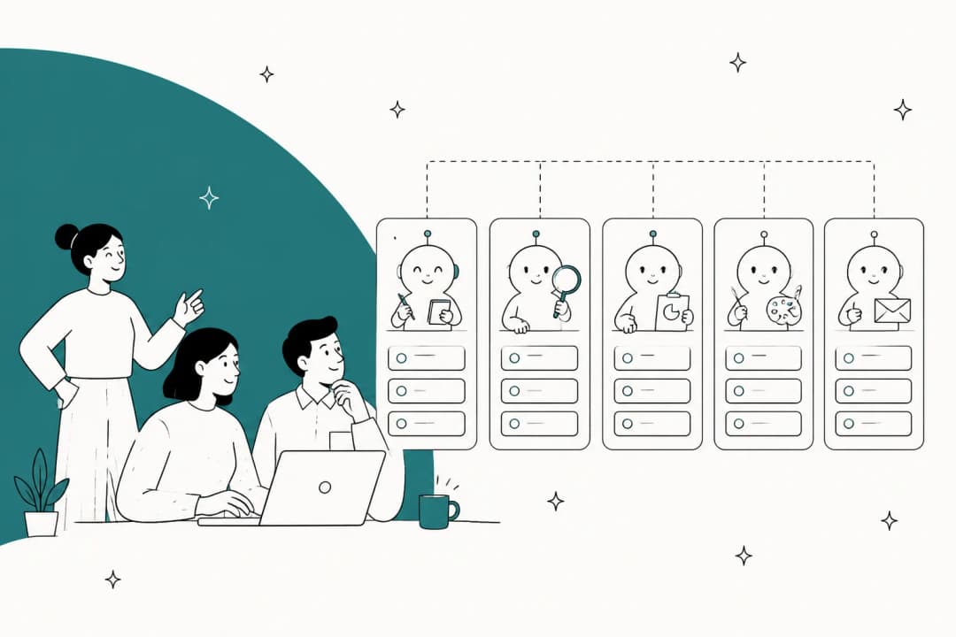 Illustration of a small human team working alongside several AI role cards, each one holding its own queue of work