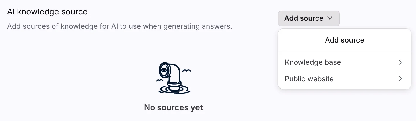 Front's AI knowledge source picker, as taken from Front's help center