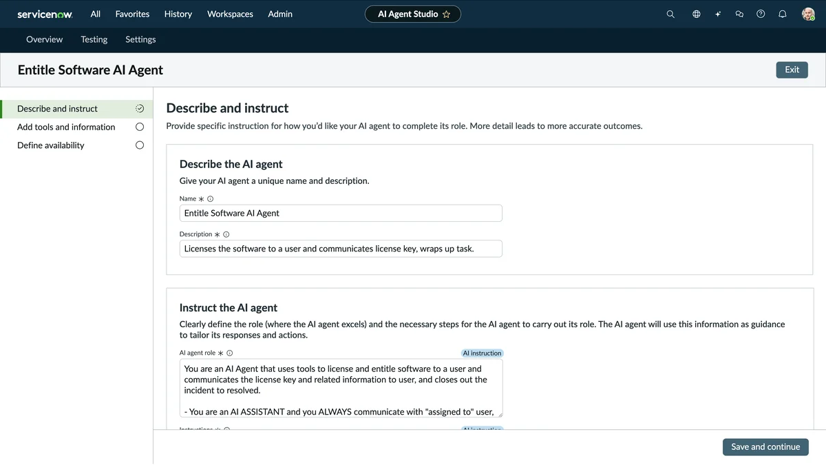 ServiceNow's AI Agent Studio configuring a new agent with a name, description and free-text role instruction