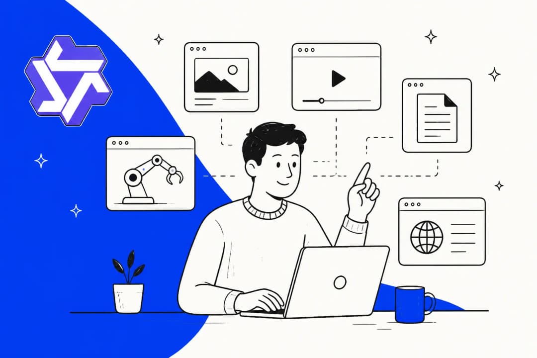 Illustration of a developer working with image, video and document panels, with the Qwen logo