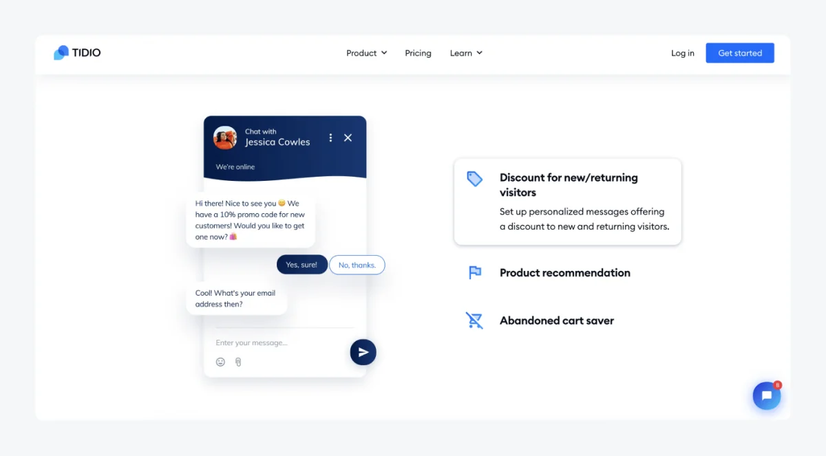 Tidio's Flows power on-site automations like discounts, product recommendations, and abandoned-cart saves, as shown on Tidio's site.